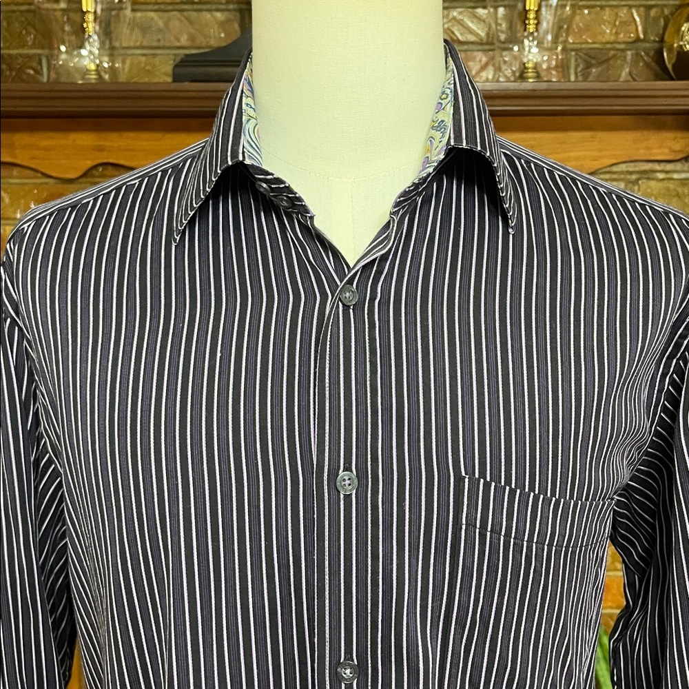 -Bugatchi Uomo Black w/Purple & Grey Button-Down w/Flip Cuffs & Collar L/S Sz XL - Picture 3 of 14